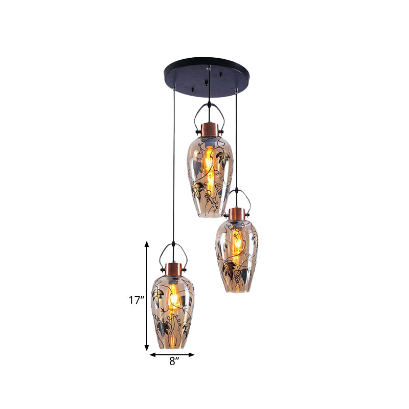 Gold Conical Multi Light Pendant Industrial Amber Glass 2/3 Heads Dining Room Ceiling Lamp with Maple Leaf Pattern Clearhalo 'Ceiling Lights' 'Close To Ceiling Lights' 'Glass shade' 'Glass' 'Industrial Pendants' 'Industrial' 'Middle Century Pendants' 'Pendant Lights' 'Pendants' 'Tiffany' Lighting' 1460233