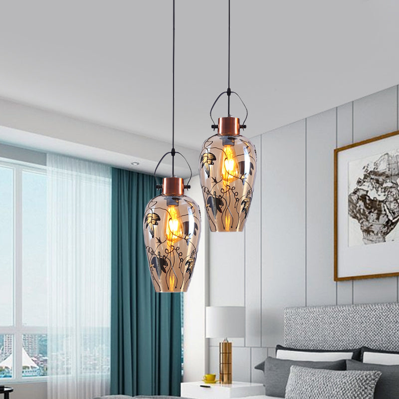 Gold Conical Multi Light Pendant Industrial Amber Glass 2/3 Heads Dining Room Ceiling Lamp with Maple Leaf Pattern Clearhalo 'Ceiling Lights' 'Close To Ceiling Lights' 'Glass shade' 'Glass' 'Industrial Pendants' 'Industrial' 'Middle Century Pendants' 'Pendant Lights' 'Pendants' 'Tiffany' Lighting' 1460236