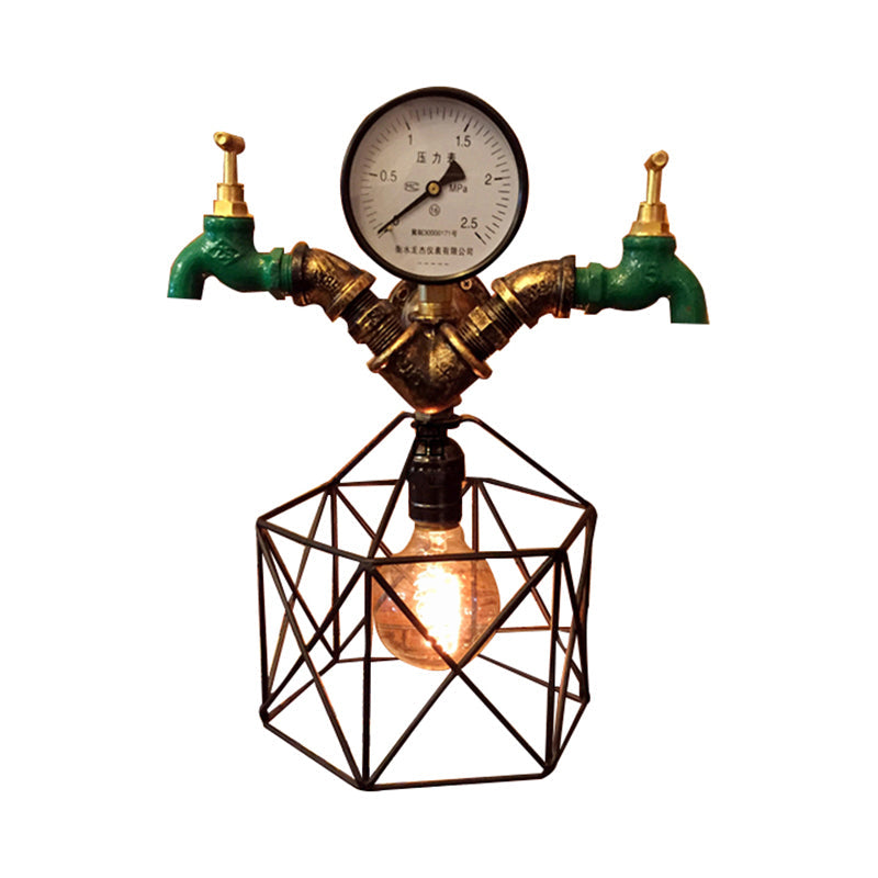 1 Bulb Hexagon Cage Wall Lighting with Faucet and Gauge Deco Industrial Antique Brass Metallic Wall Sconce Light Clearhalo 'Art deco wall lights' 'Cast Iron' 'Glass' 'Industrial wall lights' 'Industrial' 'Middle century wall lights' 'Modern' 'Rustic wall lights' 'Tiffany' 'Traditional wall lights' 'Wall Lamps & Sconces' 'Wall Lights' Lighting' 146024