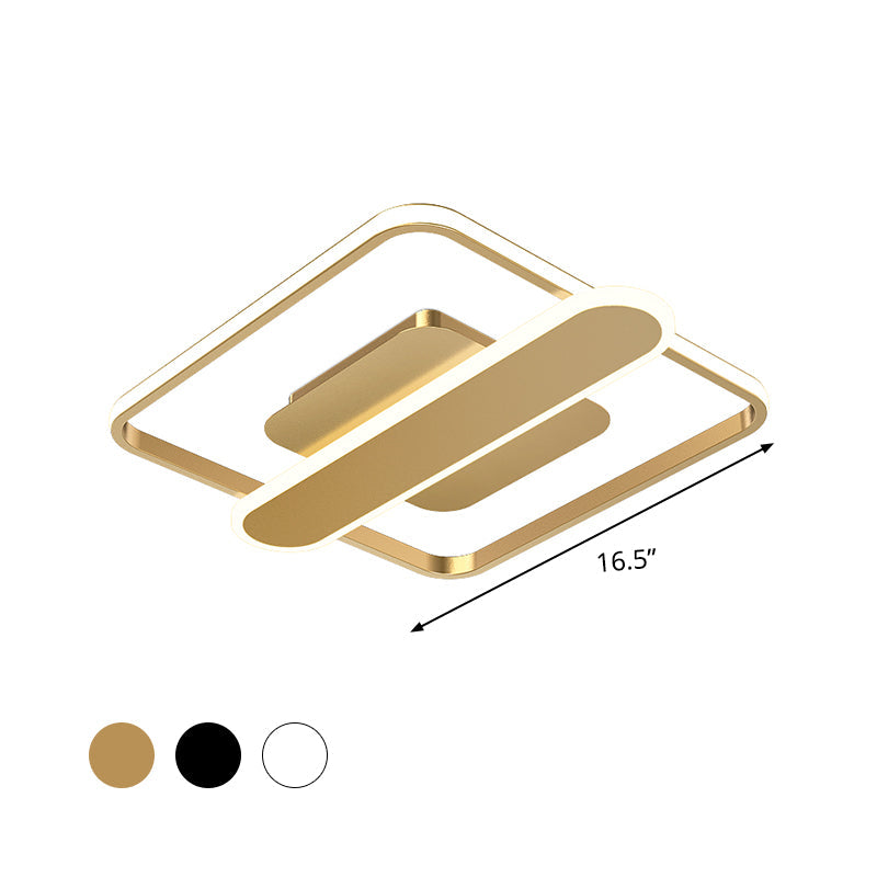 Aluminum Thin Square Frame Ceiling Lamp Contemporary Black/Gold/White LED Flush-Mount Light Fixture with Crossbar, 16.5/20.5 Inches Wide Clearhalo 'Ceiling Lights' 'Close To Ceiling Lights' 'Close to ceiling' 'Flush mount' Lighting' 1460641