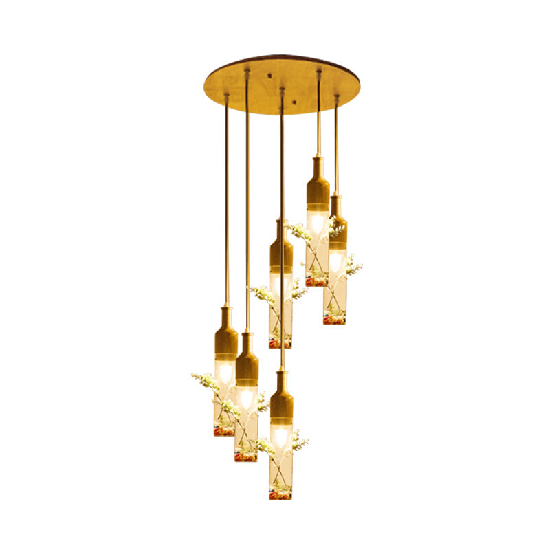 Wood Bottle Ceiling Pendant Nordic Clear Glass 2/3/4 Bulbs Restaurant Plant Drop Lamp with Round/Linear Canopy Clearhalo 'Ceiling Lights' 'Glass shade' 'Glass' 'Industrial Pendants' 'Industrial' 'Middle Century Pendants' 'Pendant Lights' 'Pendants' 'Tiffany' Lighting' 1460745