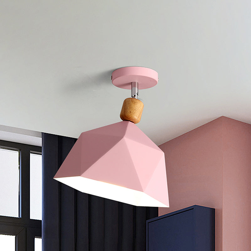Pivot Shade Faceted Dome Flush Light Macaron Metal Single Apartment Semi Flush Mount Ceiling Fixture in Pink/Gold-Wood Pink Clearhalo 'Ceiling Lights' 'Close To Ceiling Lights' 'Close to ceiling' 'Semi-flushmount' Lighting' 1460760