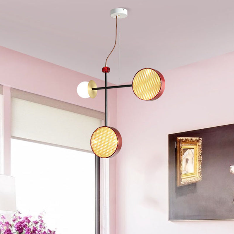 Modern Vogue Cross Chandelier Metal 5-Light Living Room Pendant Lamp in Red with Ball Glass Shade and Mesh Screen Clearhalo 'Ceiling Lights' 'Chandeliers' 'Modern Chandeliers' 'Modern' Lighting' 1460779