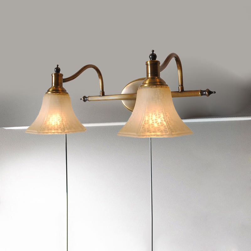 Frosted Glass Bell Vanity Light Antique 2/3 Bulbs Bathroom Sconce Lighting Fixture in Gold with Metal Swooping Arm 2.0 Gold Clearhalo 'Vanity Lights' 'Wall Lights' Lighting' 1460895