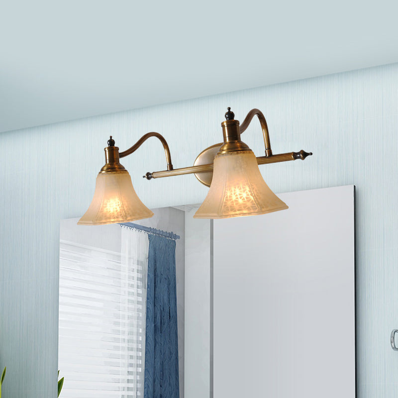 Frosted Glass Bell Vanity Light Antique 2/3 Bulbs Bathroom Sconce Lighting Fixture in Gold with Metal Swooping Arm Clearhalo 'Vanity Lights' 'Wall Lights' Lighting' 1460896