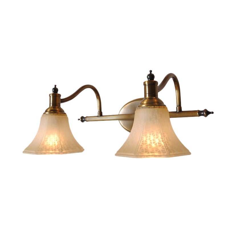 Frosted Glass Bell Vanity Light Antique 2/3 Bulbs Bathroom Sconce Lighting Fixture in Gold with Metal Swooping Arm Clearhalo 'Vanity Lights' 'Wall Lights' Lighting' 1460897
