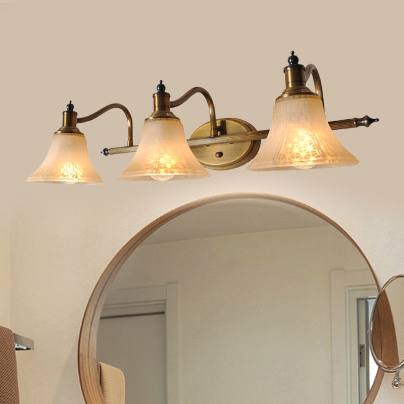 Frosted Glass Bell Vanity Light Antique 2/3 Bulbs Bathroom Sconce Lighting Fixture in Gold with Metal Swooping Arm 3.0 Gold Clearhalo 'Vanity Lights' 'Wall Lights' Lighting' 1460900