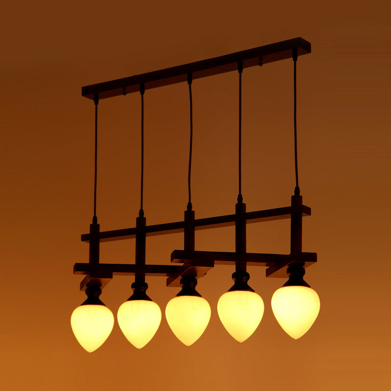 Brown 5 Heads Cluster Pendant Light Retro Opal Glass Pear Suspension Lamp with Linear Wooden Canopy Clearhalo 'Ceiling Lights' 'Pendant Lights' 'Pendants' Lighting' 1460942
