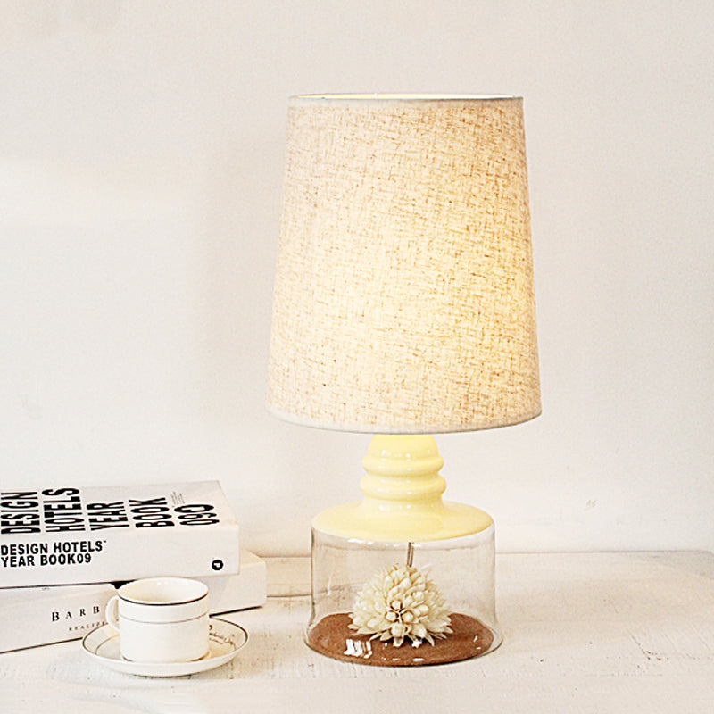 Pastoral Bucket Table Lamp 1-Bulb Fabric Night Light in Clear/Blue/Black with Dried Flower and Glass Base Light Yellow Clearhalo 'Lamps' 'Table Lamps' Lighting' 1461000