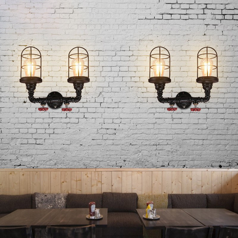 2 Bulbs Sconce Lighting Vintage Caged Metal Shade Wall Mount Lamp with Red Valve and Pipe in Black Black Clearhalo 'Art deco wall lights' 'Cast Iron' 'Glass' 'Industrial wall lights' 'Industrial' 'Middle century wall lights' 'Modern' 'Rustic wall lights' 'Tiffany' 'Traditional wall lights' 'Wall Lamps & Sconces' 'Wall Lights' Lighting' 146107