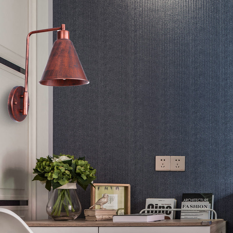 1 Bulb Conical Wall Sconce Vintage Style Black/Rust Iron Wall Mounted Lamp with Angle Arm for Farmhouse Rust Clearhalo 'Art deco wall lights' 'Cast Iron' 'Glass' 'Industrial wall lights' 'Industrial' 'Middle century wall lights' 'Modern' 'Rustic wall lights' 'Tiffany' 'Traditional wall lights' 'Wall Lamps & Sconces' 'Wall Lights' Lighting' 146166