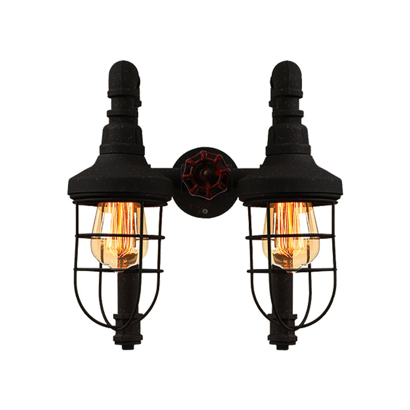 Black/Bronze Tubed Wall Light Fixture Industrial Metallic 2 Lights Kitchen Sconce Lighting with Cage Shade and Red Valve Clearhalo 'Art deco wall lights' 'Cast Iron' 'Glass' 'Industrial wall lights' 'Industrial' 'Middle century wall lights' 'Modern' 'Rustic wall lights' 'Tiffany' 'Traditional wall lights' 'Wall Lamps & Sconces' 'Wall Lights' Lighting' 146189
