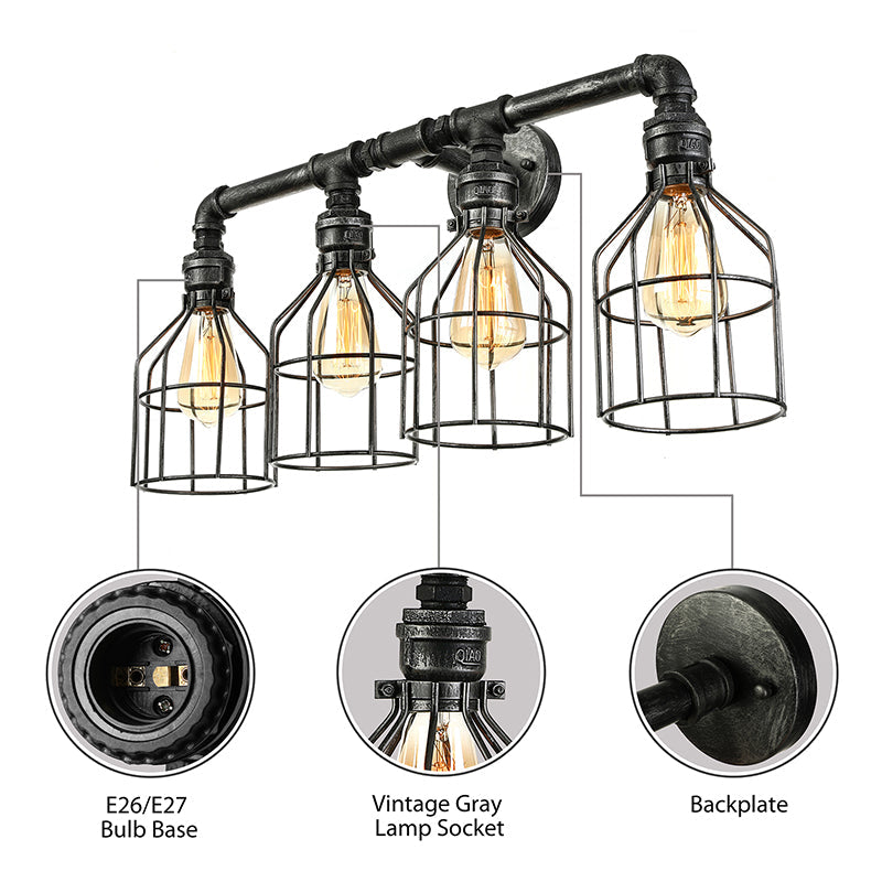 4 Lights Steampunk Wall Light Fixture with Wire Guard Retro Style Aged Silver Metallic Sconce Lighting Clearhalo 'Art deco wall lights' 'Cast Iron' 'Glass' 'Industrial wall lights' 'Industrial' 'Middle century wall lights' 'Modern' 'Rustic wall lights' 'Tiffany' 'Traditional wall lights' 'Wall Lamps & Sconces' 'Wall Lights' Lighting' 146208