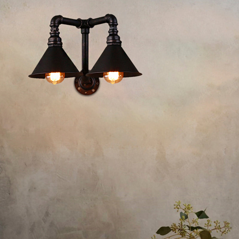 Vintage Style Cone Wall Lamp with Water Pipe 2 Lights Metallic Wall Sconce Light in Black, 14.5/18.5" Width Black 14.5" Clearhalo 'Art deco wall lights' 'Cast Iron' 'Glass' 'Industrial wall lights' 'Industrial' 'Middle century wall lights' 'Modern' 'Rustic wall lights' 'Tiffany' 'Traditional wall lights' 'Wall Lamps & Sconces' 'Wall Lights' Lighting' 146434