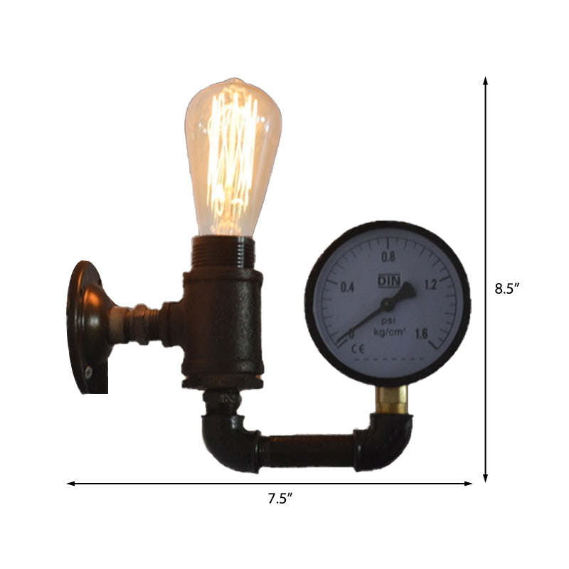 Black Water Pipe Wall Sconce Industrial Metal 1 Light Living Room Mini Wall Lighting with Gauge/Faucet Decoration Clearhalo 'Art deco wall lights' 'Cast Iron' 'Glass' 'Industrial wall lights' 'Industrial' 'Middle century wall lights' 'Modern' 'Rustic wall lights' 'Tiffany' 'Traditional wall lights' 'Wall Lamps & Sconces' 'Wall Lights' Lighting' 146487