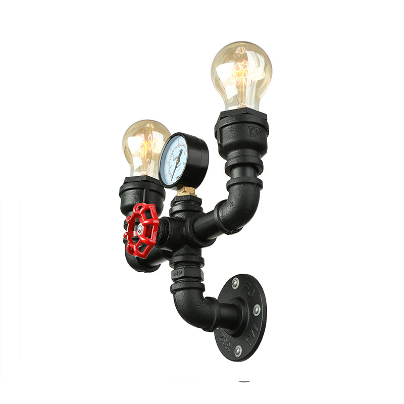 2/3 Lights Wall Mount Light with Pipe and Gauge Metal Steampunk Restaurant Wall Lighting in Black Clearhalo 'Art deco wall lights' 'Cast Iron' 'Glass' 'Industrial wall lights' 'Industrial' 'Middle century wall lights' 'Modern' 'Rustic wall lights' 'Tiffany' 'Traditional wall lights' 'Wall Lamps & Sconces' 'Wall Lights' Lighting' 146670