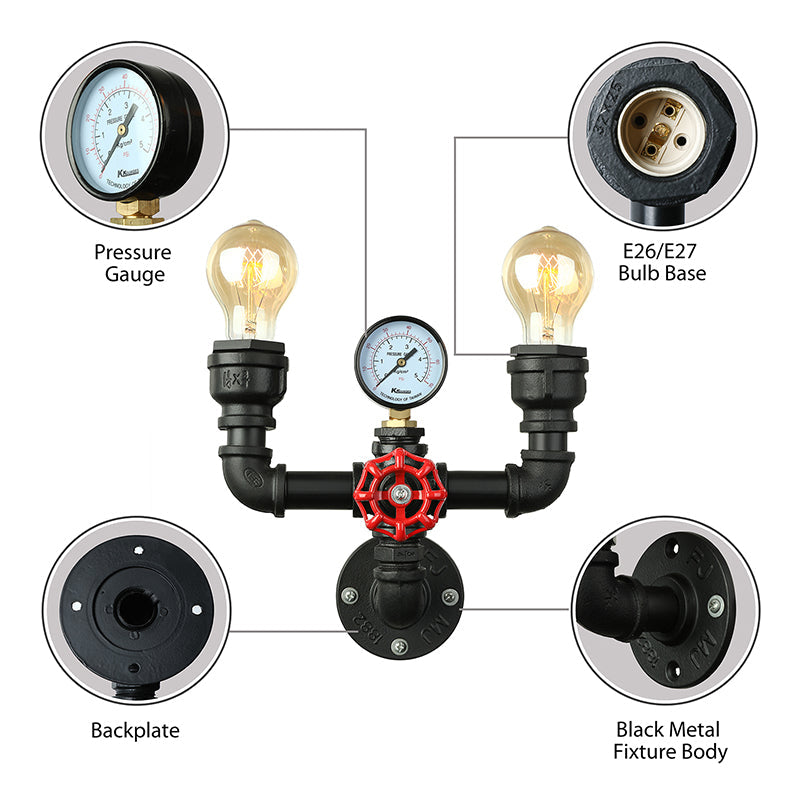 2/3 Lights Wall Mount Light with Pipe and Gauge Metal Steampunk Restaurant Wall Lighting in Black Clearhalo 'Art deco wall lights' 'Cast Iron' 'Glass' 'Industrial wall lights' 'Industrial' 'Middle century wall lights' 'Modern' 'Rustic wall lights' 'Tiffany' 'Traditional wall lights' 'Wall Lamps & Sconces' 'Wall Lights' Lighting' 146673