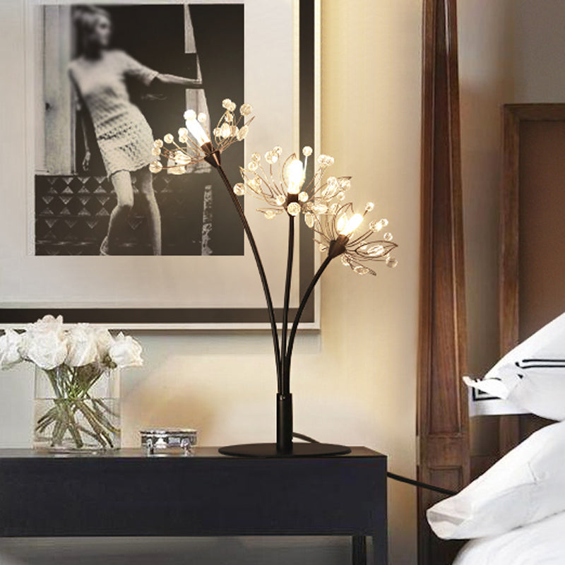 Contemporary 3 Heads Desk Lamp with Hand-Cut Crystal Shade Black Blossom Nightstand Light Clearhalo 'Lamps' 'Table Lamps' Lighting' 1467978