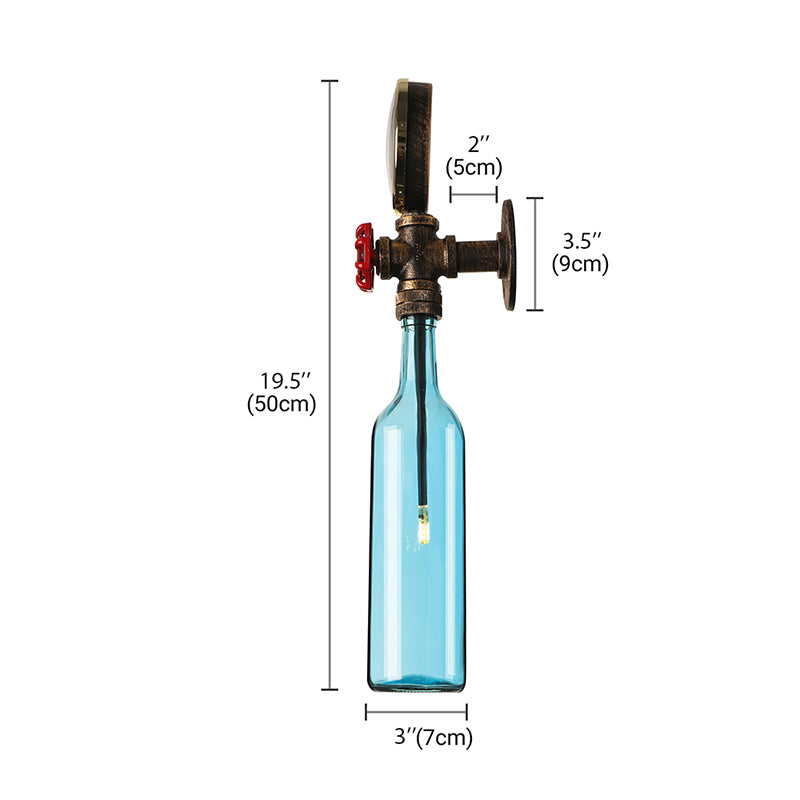 Brown/Blue Bottle Wall Sconce Lamp Vintage Stylish Glass 1 Bulb Living Room Wall Lighting with Gauge and Valve Clearhalo 'Cast Iron' 'Glass' 'Industrial wall lights' 'Industrial' 'Middle century wall lights' 'Modern' 'Tiffany' 'Traditional wall lights' 'Wall Lamps & Sconces' 'Wall Lights' Lighting' 146805