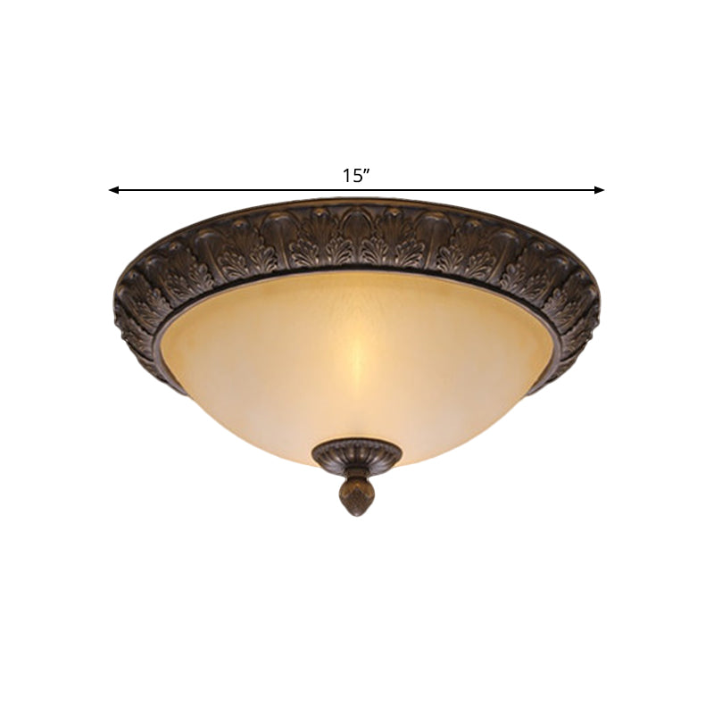 12.5"/15" Wide LED Flush Lamp Vintage Semi-Ball Amber Glass Ceiling Fixture in Brass for Balcony Clearhalo 'Ceiling Lights' 'Close To Ceiling Lights' 'Close to ceiling' 'Flush mount' Lighting' 1468053