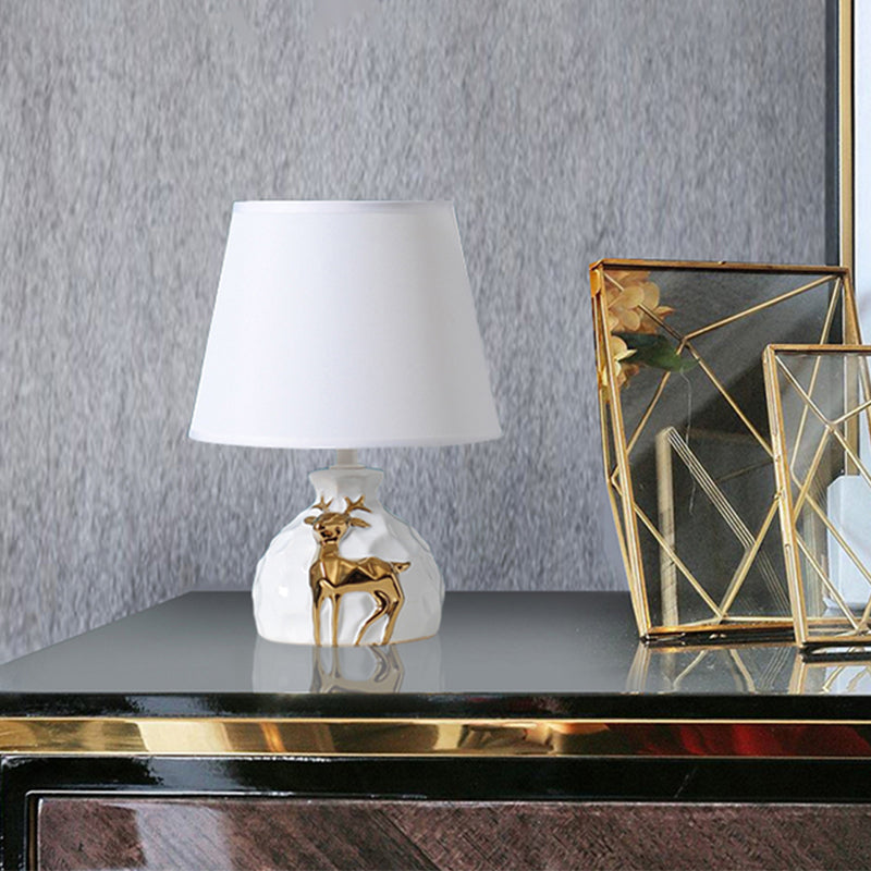 1-Bulb Tapered Desk Light Countryside White Fabric Night Table Lamp with Deer Vase Base, 11"/14"/15" Wide White 11" Clearhalo 'Lamps' 'Table Lamps' Lighting' 1468091