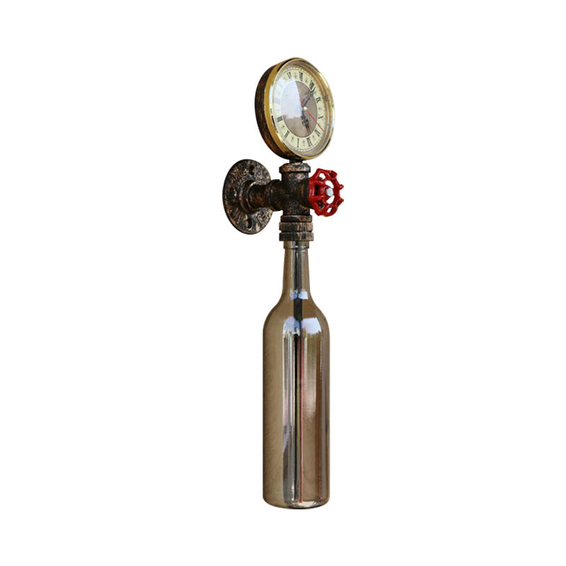 Brown/Blue Bottle Wall Sconce Lamp Vintage Stylish Glass 1 Bulb Living Room Wall Lighting with Gauge and Valve Clearhalo 'Cast Iron' 'Glass' 'Industrial wall lights' 'Industrial' 'Middle century wall lights' 'Modern' 'Tiffany' 'Traditional wall lights' 'Wall Lamps & Sconces' 'Wall Lights' Lighting' 146811