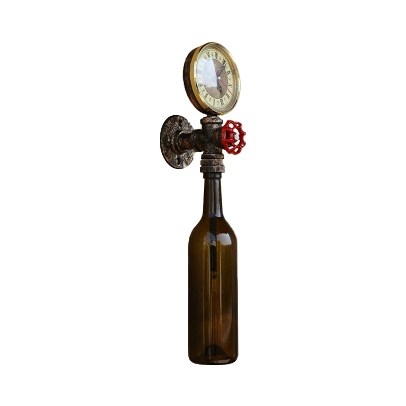 Brown/Blue Bottle Wall Sconce Lamp Vintage Stylish Glass 1 Bulb Living Room Wall Lighting with Gauge and Valve Clearhalo 'Cast Iron' 'Glass' 'Industrial wall lights' 'Industrial' 'Middle century wall lights' 'Modern' 'Tiffany' 'Traditional wall lights' 'Wall Lamps & Sconces' 'Wall Lights' Lighting' 146815