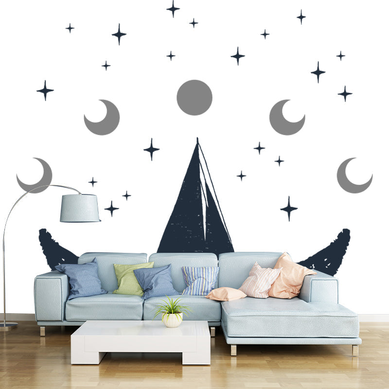 Custom Illustration Novelty Mural with Moon and Whale Tail Pattern in Black-White Clearhalo 'Wall Decor' 'Wall Mural' 1468628