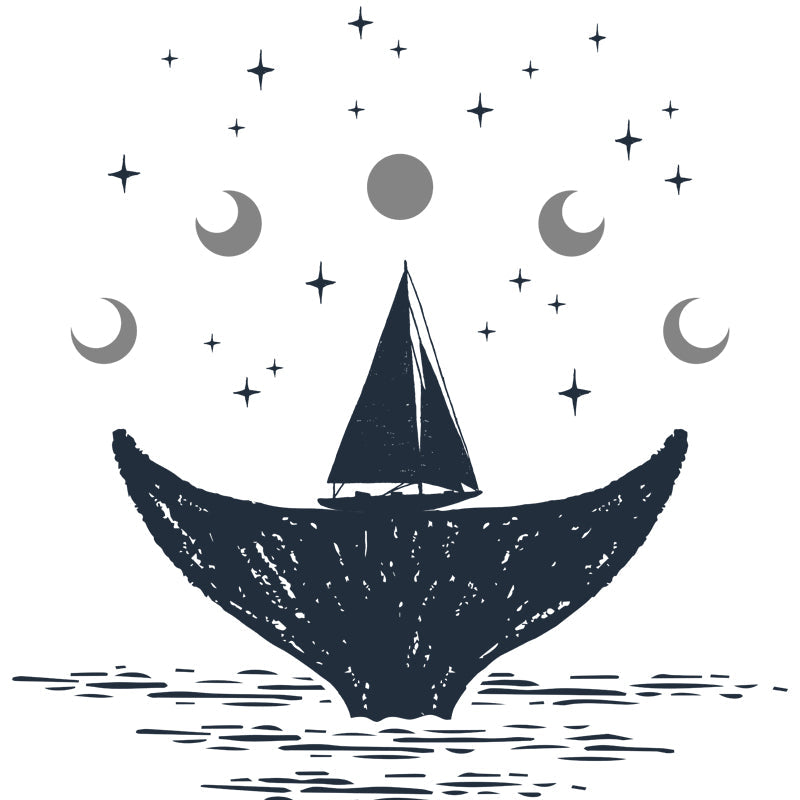 Custom Illustration Novelty Mural with Moon and Whale Tail Pattern in Black-White Clearhalo 'Wall Decor' 'Wall Mural' 1468630