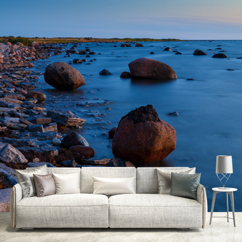 Sea with Rock Coast Mural Wallpaper in Blue Modern Wall Covering for Accent Wall Clearhalo 'Wall Decor' 'Wall Mural' 1468648