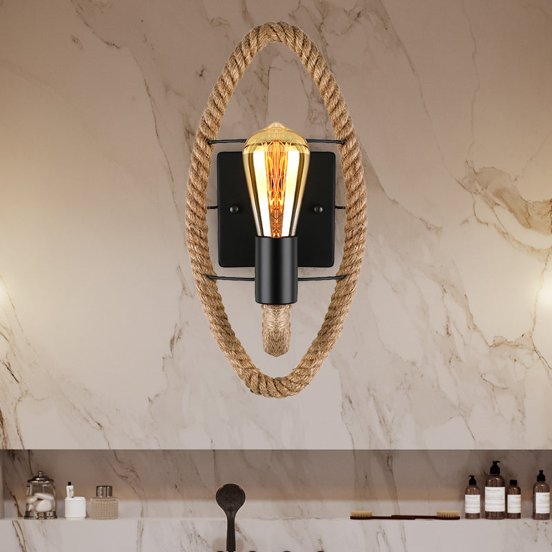 Roped Round/Oval Wall Light with Bare Bulb Nautical Style 1 Light Restaurant Wall Sconce Lighting in Black Clearhalo 'Art deco wall lights' 'Cast Iron' 'Glass' 'Industrial wall lights' 'Industrial' 'Middle century wall lights' 'Modern' 'Rustic wall lights' 'Tiffany' 'Traditional wall lights' 'Wall Lamps & Sconces' 'Wall Lights' Lighting' 146874