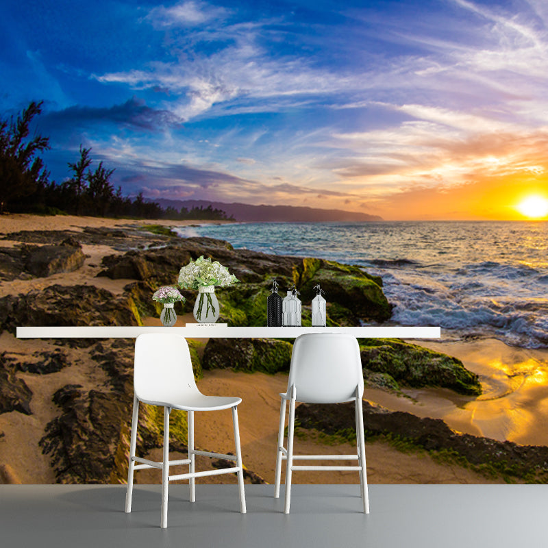 Full Size Twilight Coast Mural Wallpaper Yellow-Blue Non-Woven Wall Art, Waterproof, Custom Made Clearhalo 'Wall Decor' 'Wall Mural' 1468773