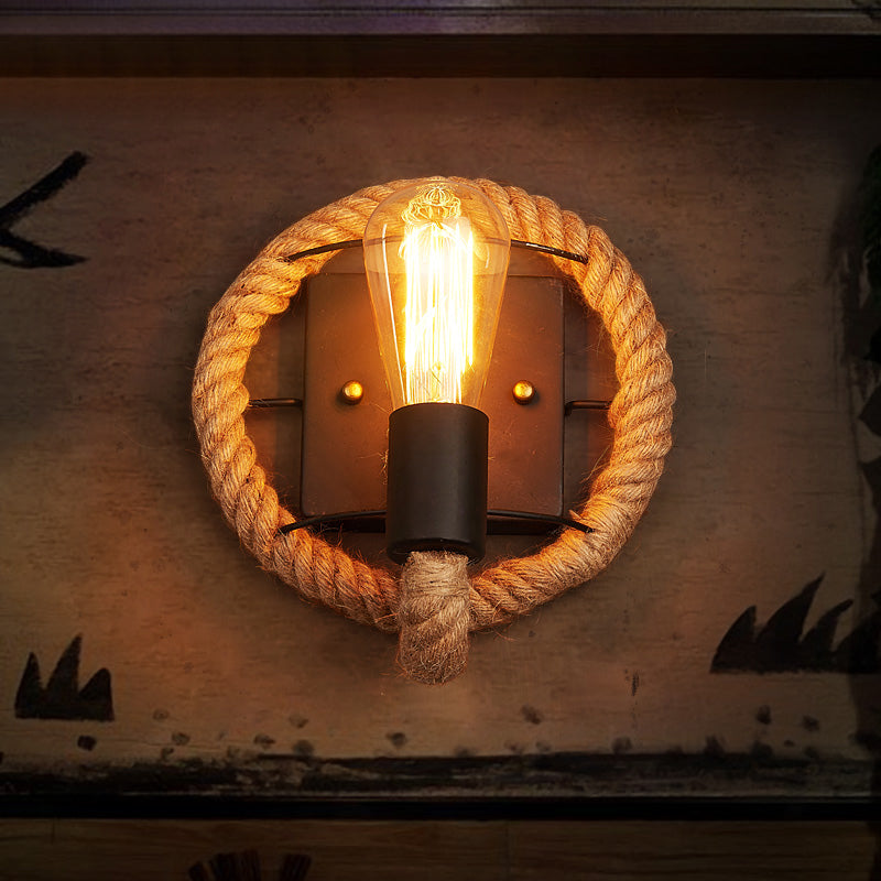 Roped Round/Oval Wall Light with Bare Bulb Nautical Style 1 Light Restaurant Wall Sconce Lighting in Black Clearhalo 'Art deco wall lights' 'Cast Iron' 'Glass' 'Industrial wall lights' 'Industrial' 'Middle century wall lights' 'Modern' 'Rustic wall lights' 'Tiffany' 'Traditional wall lights' 'Wall Lamps & Sconces' 'Wall Lights' Lighting' 146880