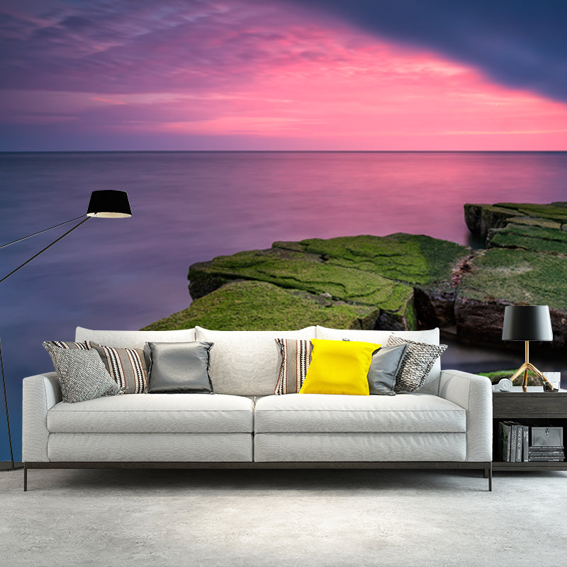 Pink-Blue Sunset Ocean Mural Decal Stone with Grass Modern Waterproof Wall Covering Pink-Blue Clearhalo 'Wall Decor' 'Wall Mural' 1468867