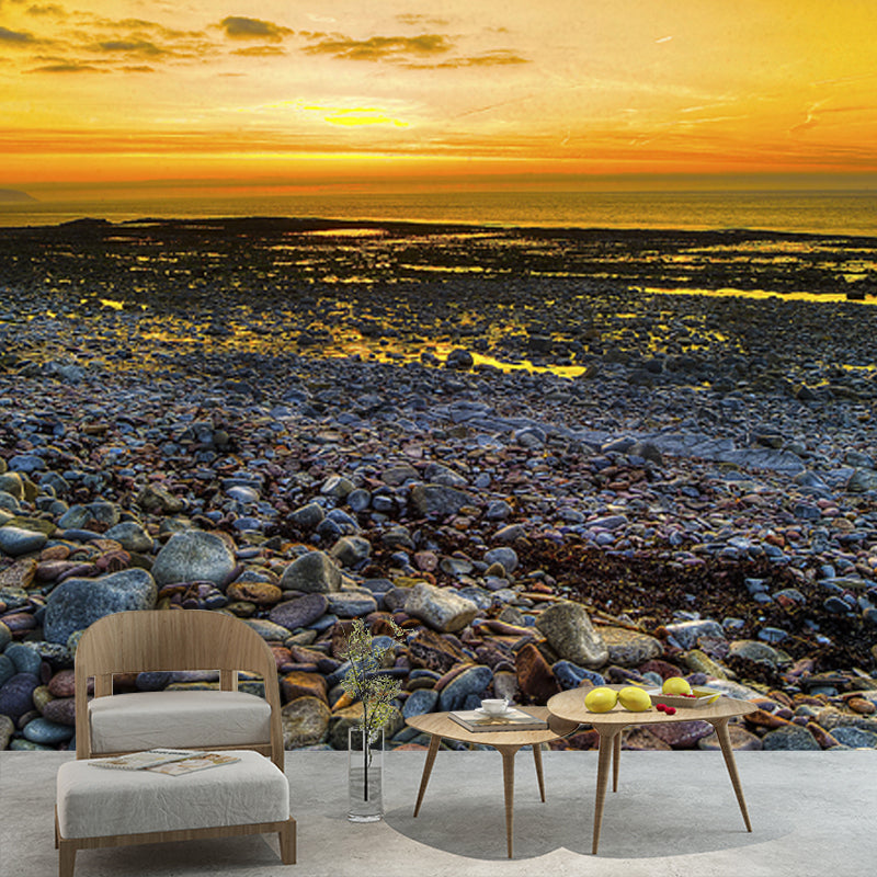 Yellow Sea Sunset Scene Mural Cobblestones Tropics Stain-Proof Wall Covering for Stairs Yellow Clearhalo 'Wall Decor' 'Wall Mural' 1468992