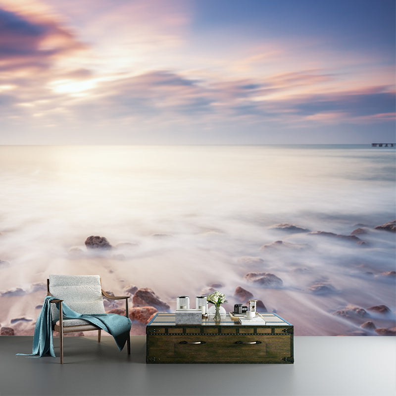 Evening Tide with Rock Mural Tropix Smooth Wall Decor in White for Living Room, Optional Size Clearhalo 'Wall Decor' 'Wall Mural' 1469039