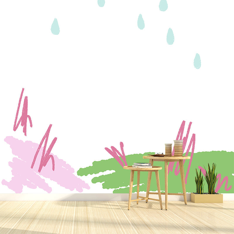 Huge Rainy Spring Scribble Mural Green Non-Woven Wall Covering, Waterproof, Optional Size Clearhalo 'Wall Decor' 'Wall Mural' 1469248