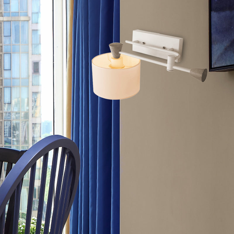 Fabric Drum Shade Wall Mount Light Industrial Loft 1 Light Bedroom Adjustable Sconce Lighting in White White Clearhalo 'Industrial wall lights' 'Industrial' 'Middle century wall lights' 'Rustic wall lights' 'Tiffany' 'Wall Lamps & Sconces' 'Wall Lights' Lighting' 146974