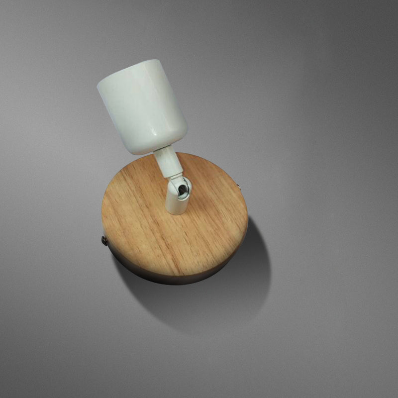 Simple Style Round Backplate Wall Sconce 1 Head Wood and Metal Wall Fixture in White for Bedside White Clearhalo 'Industrial wall lights' 'Industrial' 'Middle century wall lights' 'Rustic wall lights' 'Tiffany' 'Wall Lamps & Sconces' 'Wall Lights' Lighting' 147094
