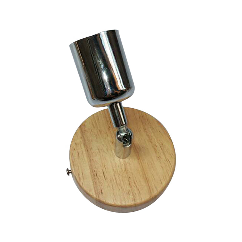 Cup Shaped Metal Wall Lamp Lodge 1 Light Living Room Wall Mount Fixture with Circular Wooden Backplate in Silver/Gold Clearhalo 'Industrial wall lights' 'Industrial' 'Middle century wall lights' 'Rustic wall lights' 'Tiffany' 'Wall Lamps & Sconces' 'Wall Lights' Lighting' 147112