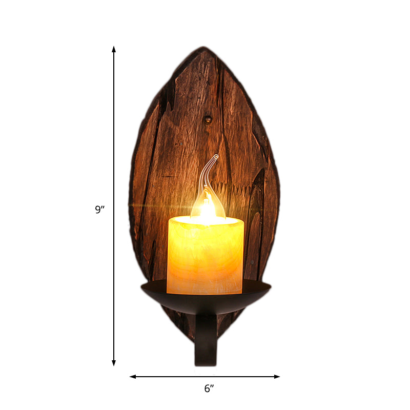 Cylinder Coffee Shop Wall Light Fixture Coastal Marble 1 Light Brown Sconce Lamp with Wooden Semicircle/Foot/Rectangle Base Clearhalo 'Industrial wall lights' 'Industrial' 'Middle century wall lights' 'Rustic wall lights' 'Tiffany' 'Wall Lamps & Sconces' 'Wall Lights' Lighting' 147140