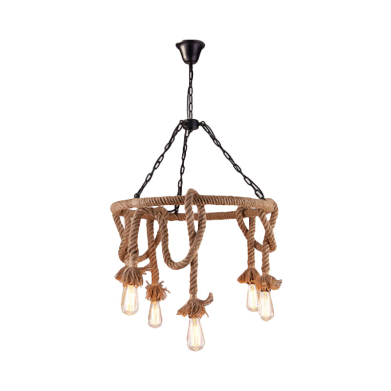 Hemp Rope Brown Pendant Chandelier Bare Bulb 6 Lights Countryside Ceiling Light for Restaurant Clearhalo 'Ceiling Lights' 'Chandeliers' 'Industrial Chandeliers' 'Industrial' 'Middle Century Chandeliers' 'Tiffany' Lighting' 1472622
