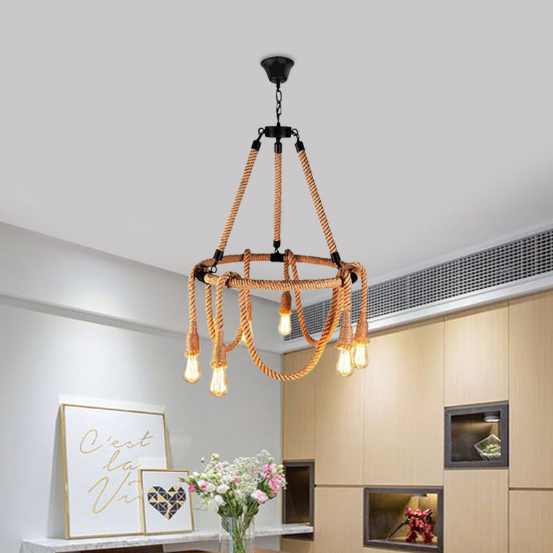 Hemp Rope Brown Pendant Chandelier Bare Bulb 6 Lights Countryside Ceiling Light for Restaurant Clearhalo 'Ceiling Lights' 'Chandeliers' 'Industrial Chandeliers' 'Industrial' 'Middle Century Chandeliers' 'Tiffany' Lighting' 1472626