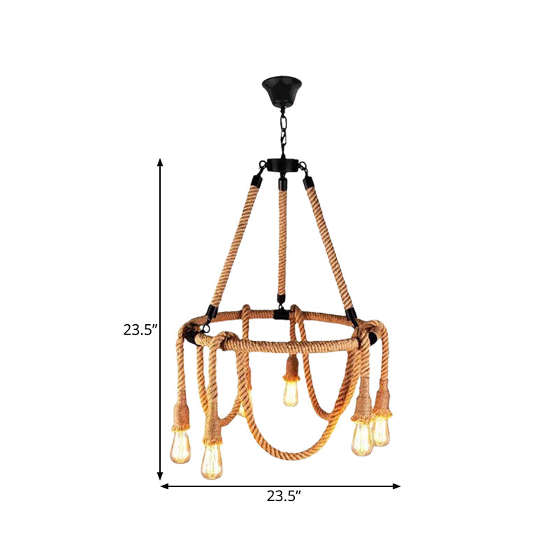 Hemp Rope Brown Pendant Chandelier Bare Bulb 6 Lights Countryside Ceiling Light for Restaurant Clearhalo 'Ceiling Lights' 'Chandeliers' 'Industrial Chandeliers' 'Industrial' 'Middle Century Chandeliers' 'Tiffany' Lighting' 1472628
