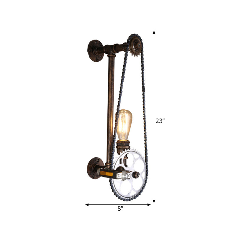 Iron Gear Bike Wall Lamp Warehouse 1 Light Restaurant Wall Mounted Light in Bronze with Pipe Arm Clearhalo 'Cast Iron' 'Glass' 'Industrial wall lights' 'Industrial' 'Middle century wall lights' 'Modern' 'Rustic wall lights' 'Tiffany' 'Traditional wall lights' 'Wall Lamps & Sconces' 'Wall Lights' Lighting' 1472698