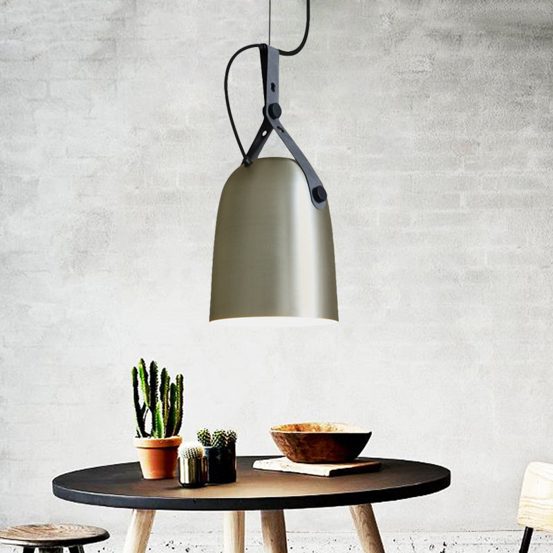 Elongated Dome Kitchen Ceiling Lamp Factory Iron 1 Head Black/Copper/Silver Hanging Light Fixture with Strap Handle Clearhalo 'Art Deco Pendants' 'Black' 'Cast Iron' 'Ceiling Lights' 'Ceramic' 'Crystal' 'Industrial Pendants' 'Industrial' 'Metal' 'Middle Century Pendants' 'Pendant Lights' 'Pendants' 'Rustic Pendants' 'Tiffany' Lighting' 1472895