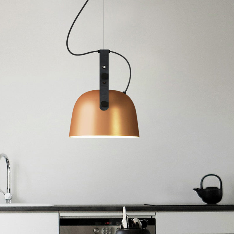 Iron Bowled Pendant Lamp Warehouse 1 Bulb Living Room Ceiling Light in Black/Copper/Silver with Leather Strap Clearhalo 'Art Deco Pendants' 'Black' 'Cast Iron' 'Ceiling Lights' 'Ceramic' 'Crystal' 'Industrial Pendants' 'Industrial' 'Metal' 'Middle Century Pendants' 'Pendant Lights' 'Pendants' 'Rustic Pendants' 'Tiffany' Lighting' 1472904