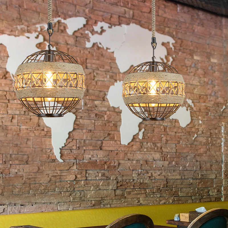 Spherical Bistro Ceiling Suspension Lamp Rustic Natural Rope 1 Head 12"/16" Wide Black Hanging Pendant Light Black Clearhalo 'Ceiling Lights' 'Industrial Pendants' 'Industrial' 'Middle Century Pendants' 'Pendant Lights' 'Pendants' 'Tiffany' Lighting' 1472921