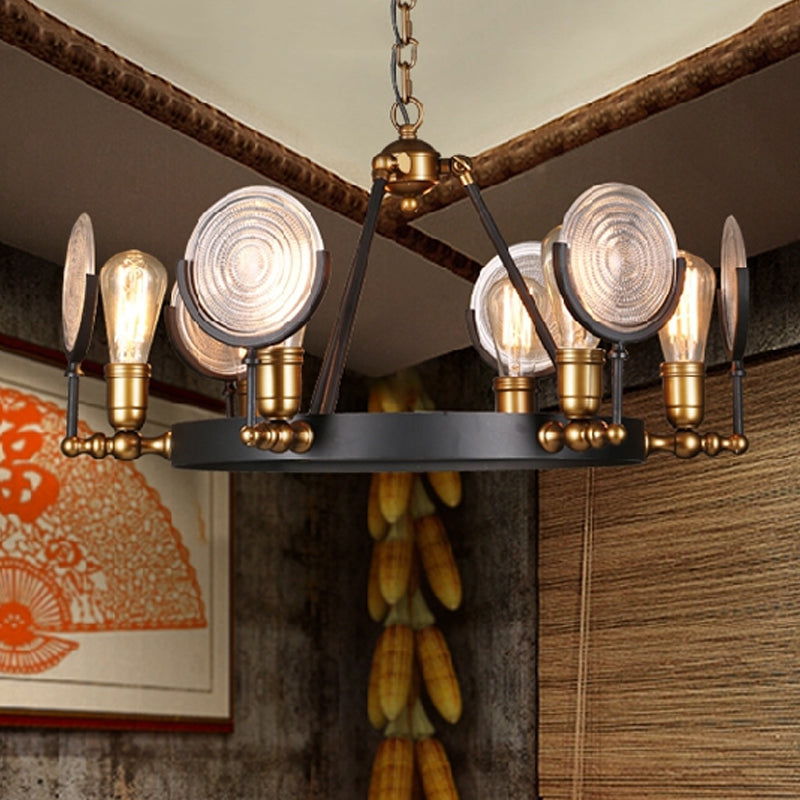 Grid Glass Lens Chandelier Lamp Vintage 6/9/12 Lights Restaurant Hanging Light Kit in Black Clearhalo 'Cast Iron' 'Ceiling Lights' 'Chandeliers' 'Industrial Chandeliers' 'Industrial' 'Metal' 'Middle Century Chandeliers' 'Rustic Chandeliers' 'Tiffany' Lighting' 1472926