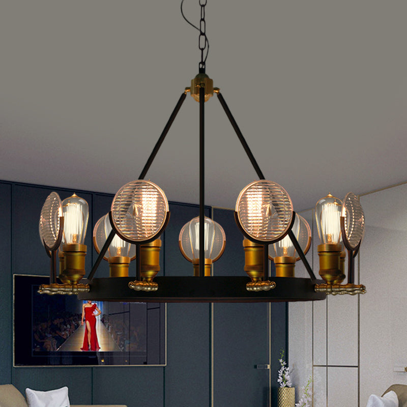 Grid Glass Lens Chandelier Lamp Vintage 6/9/12 Lights Restaurant Hanging Light Kit in Black Clearhalo 'Cast Iron' 'Ceiling Lights' 'Chandeliers' 'Industrial Chandeliers' 'Industrial' 'Metal' 'Middle Century Chandeliers' 'Rustic Chandeliers' 'Tiffany' Lighting' 1472931